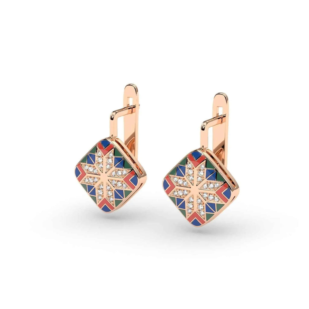 585 Gold Ukrainian Star Enamel Earrings - Red & Blue - Delisa Jewelry