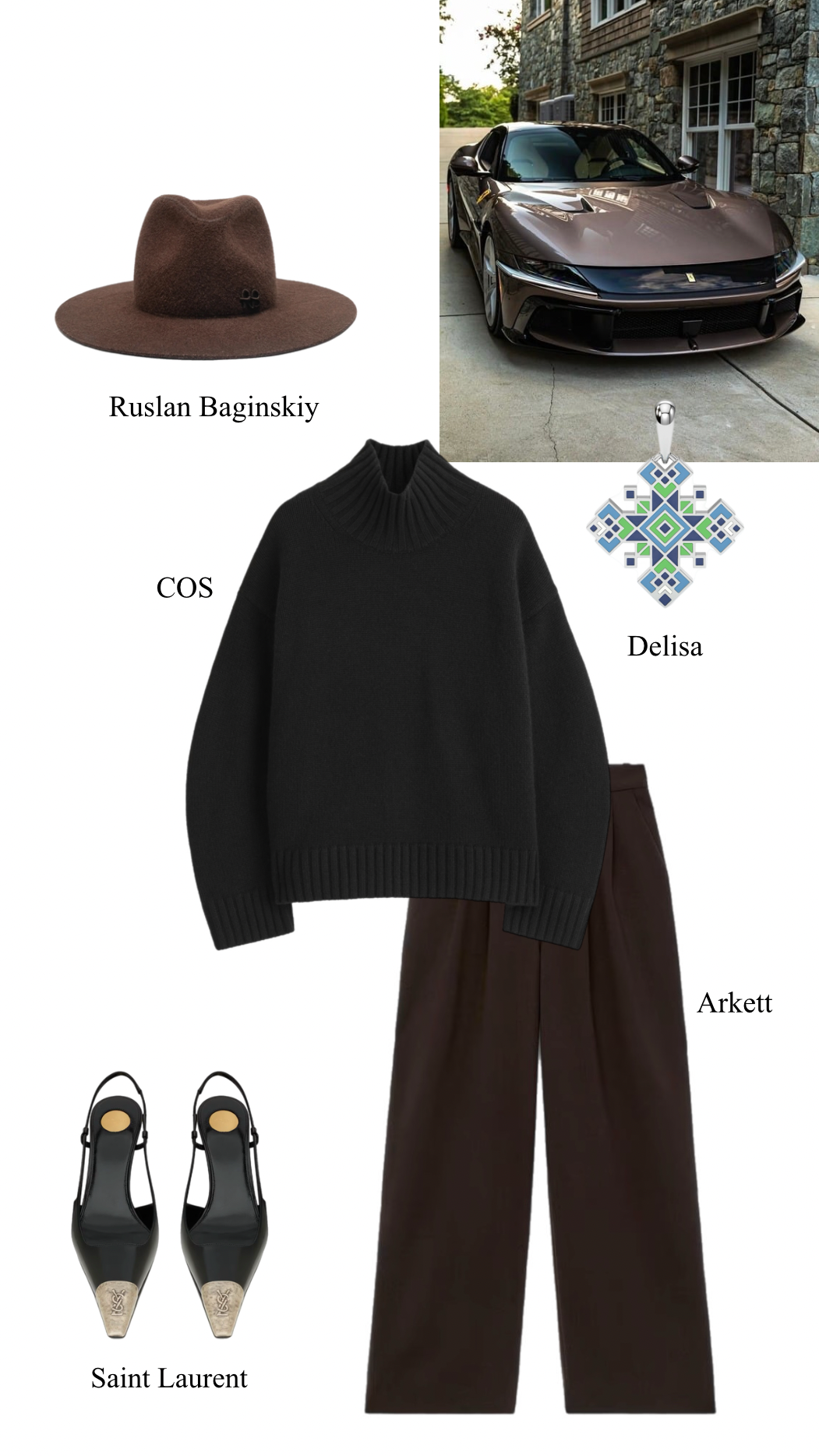 Collage of fashion items including a hat, sweater, pants, shoes, and a car nacklace