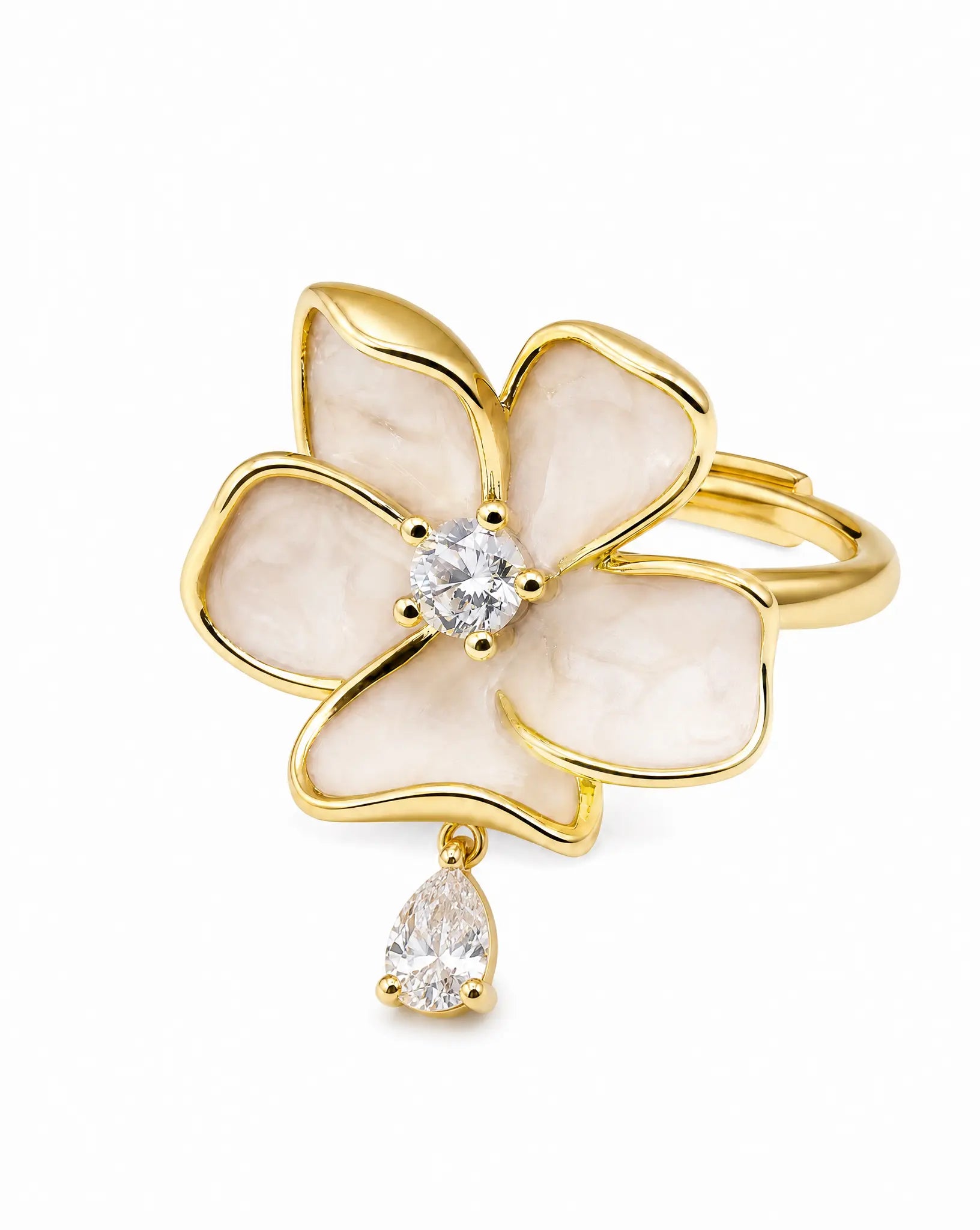  floral ring gold-plated sterling silver with enamel petals and sparkling cubic zirconia 