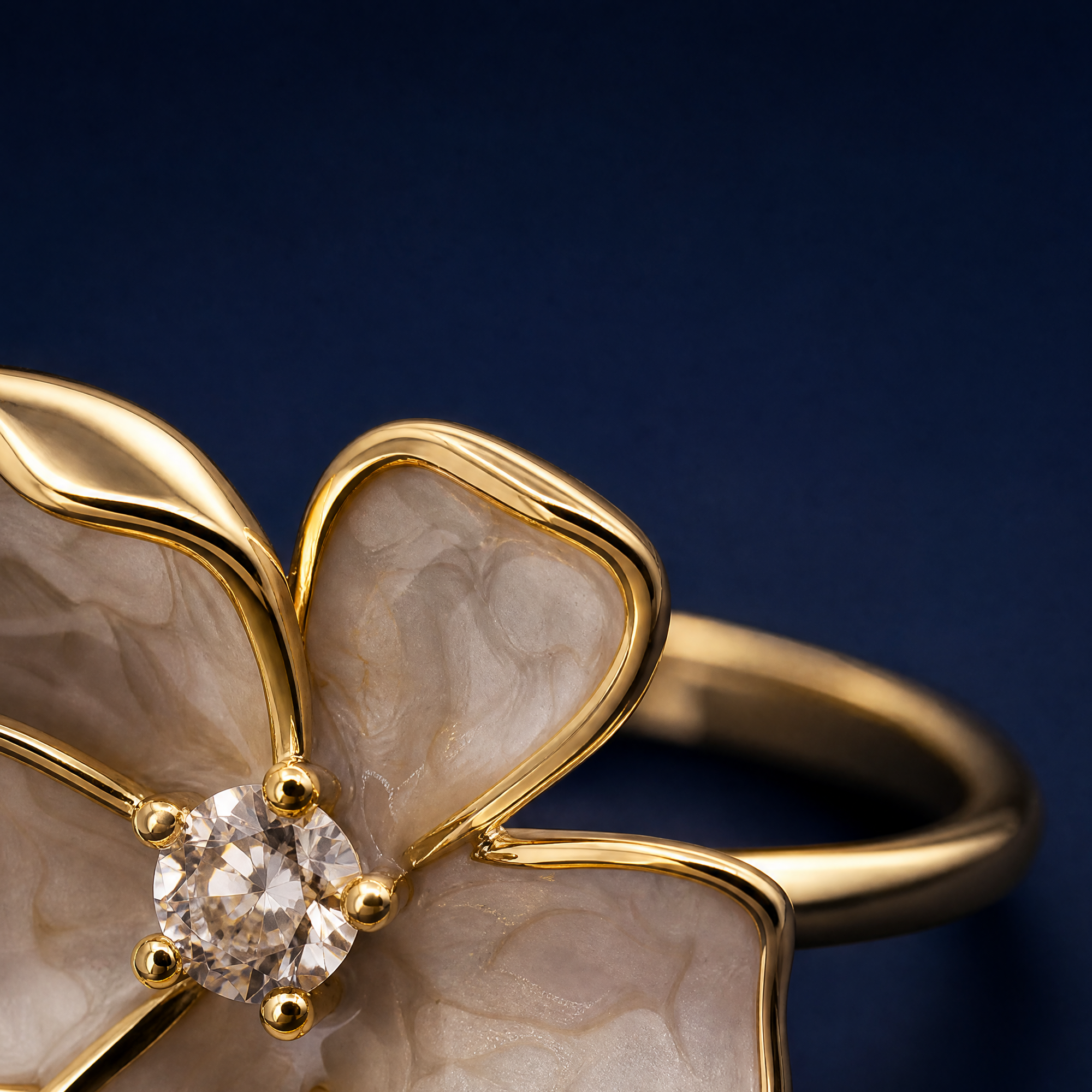floral statement ring in gold-plated sterling silver with enamel petals and sparkling cubic zirconia