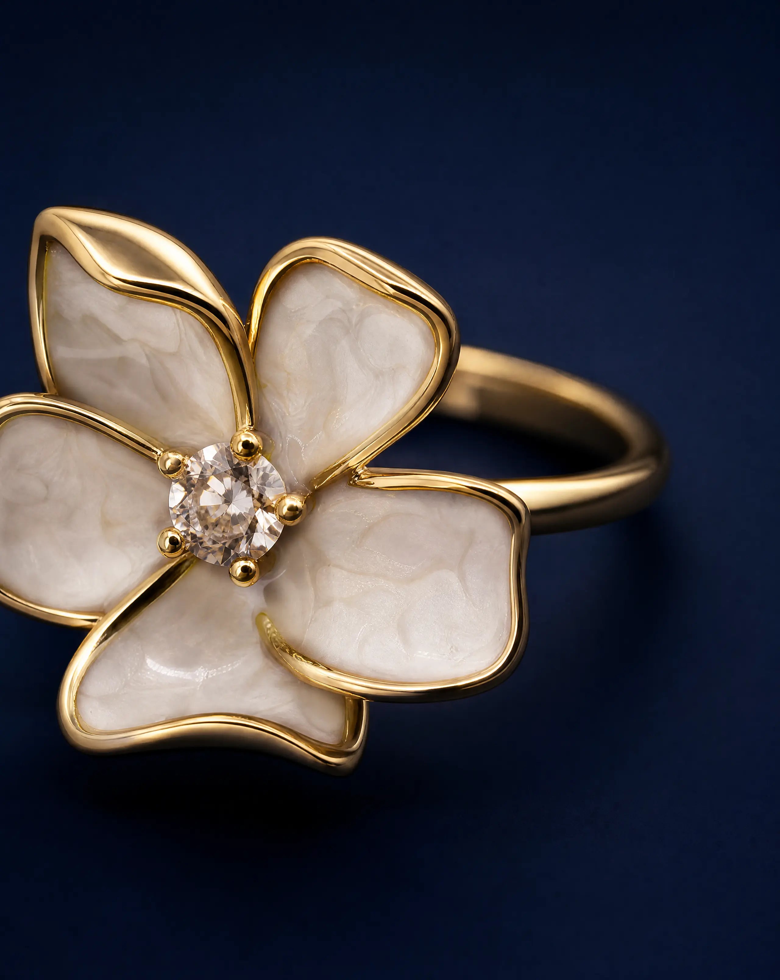  floral ring gold-plated sterling silver with enamel petals and sparkling cubic zirconia 