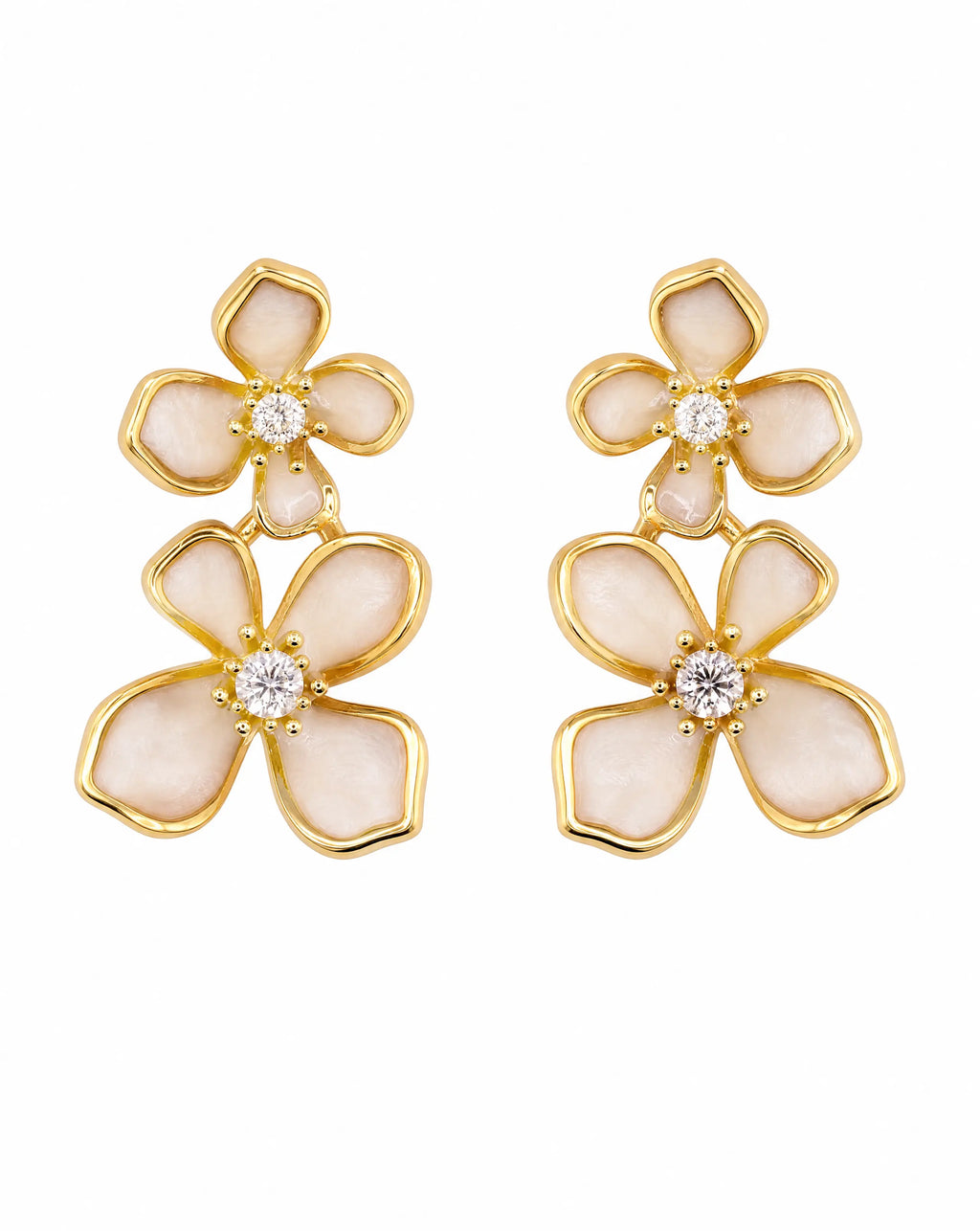  floral stud earrings in gold-plated sterling silver with enamel petals and sparkling cubic zirconia 