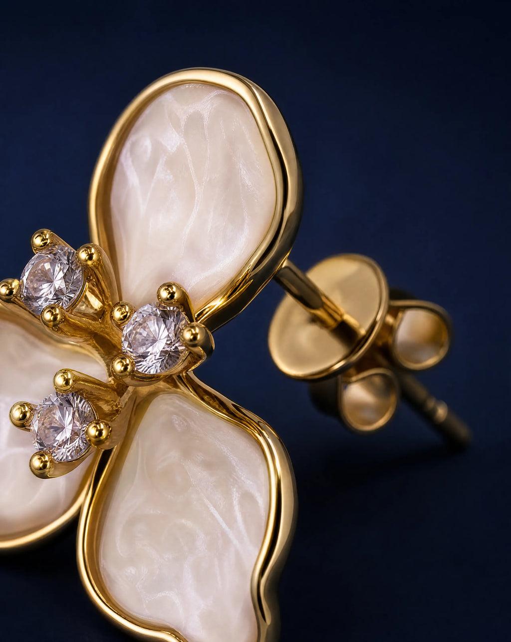  floral earrings in gold-plated sterling silver with enamel petals and sparkling cubic zirconia 