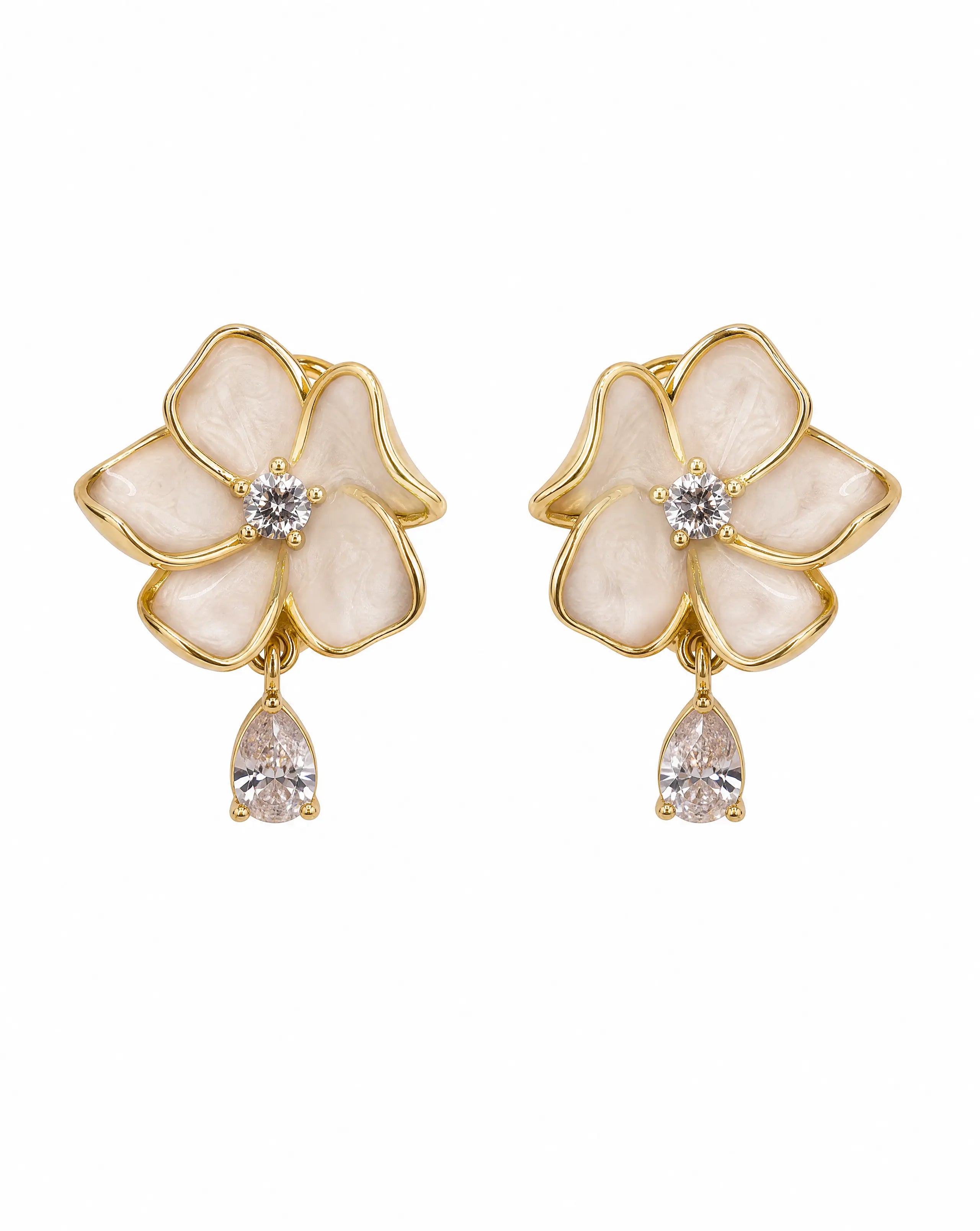  floral stud earrings in gold-plated sterling silver with enamel petals and sparkling cubic zirconia 