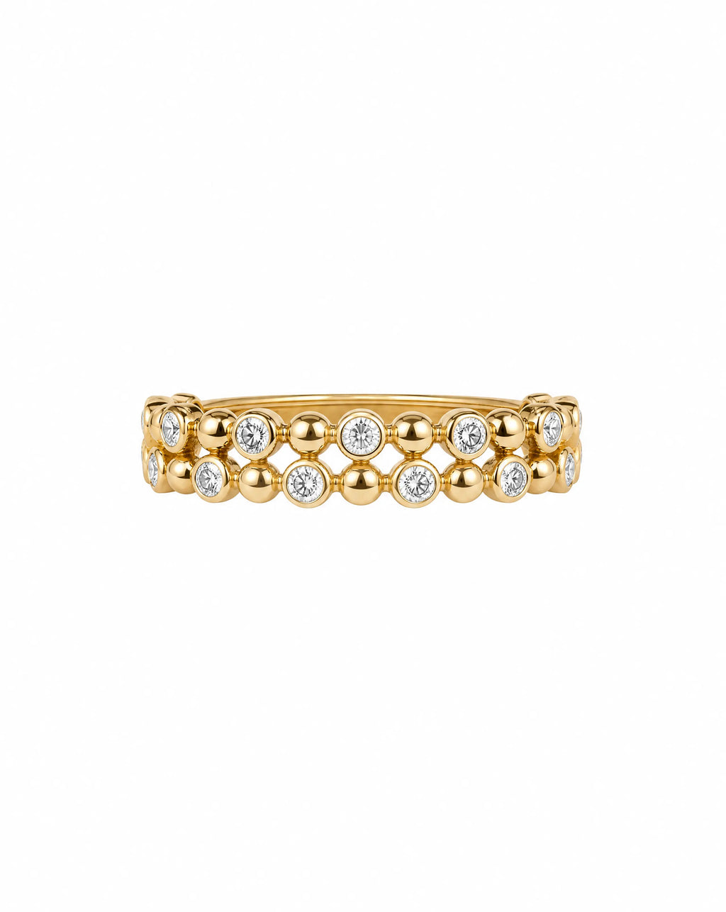 Gold ring with embedded diamonds on a white background