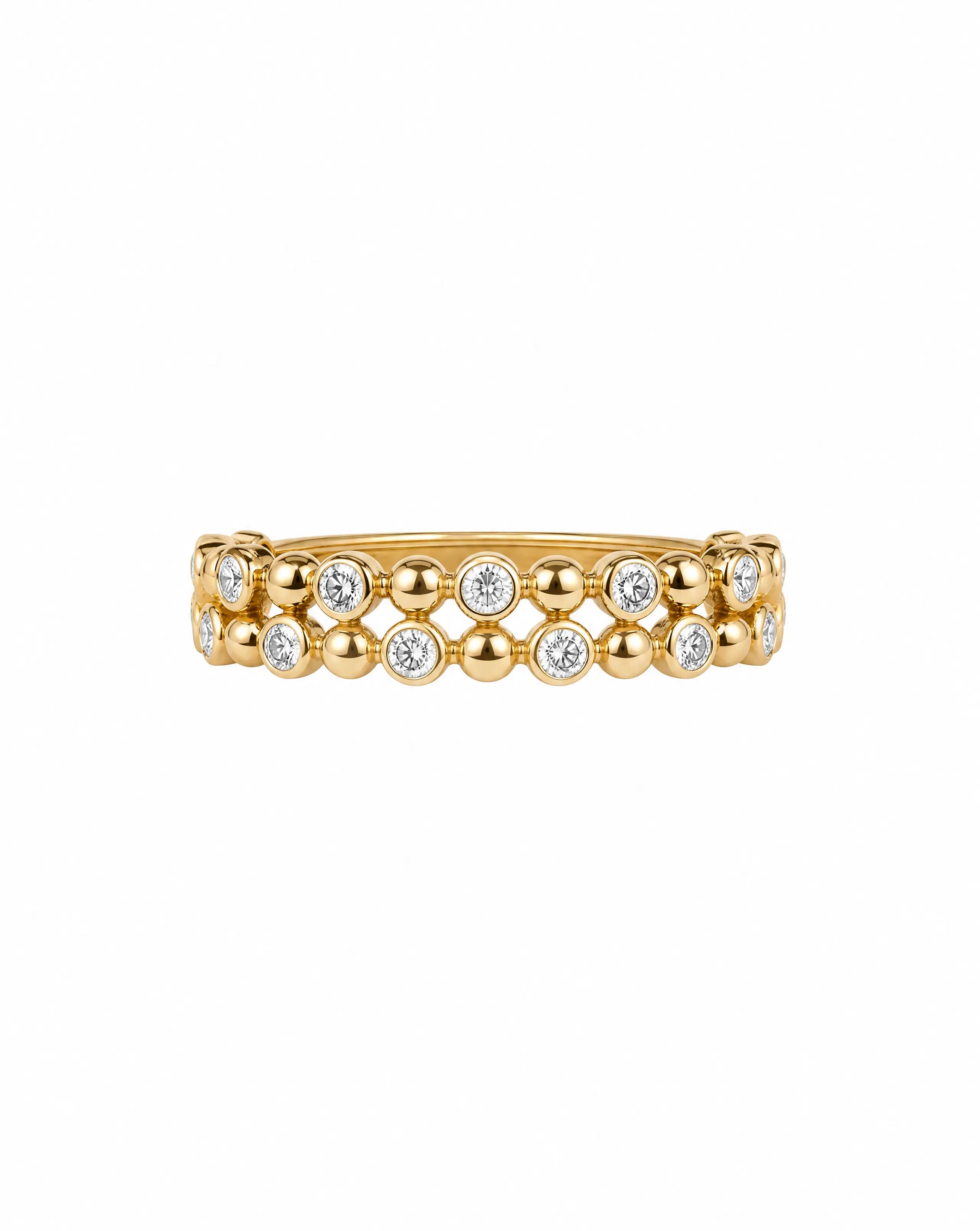 Gold ring with embedded diamonds on a white background
