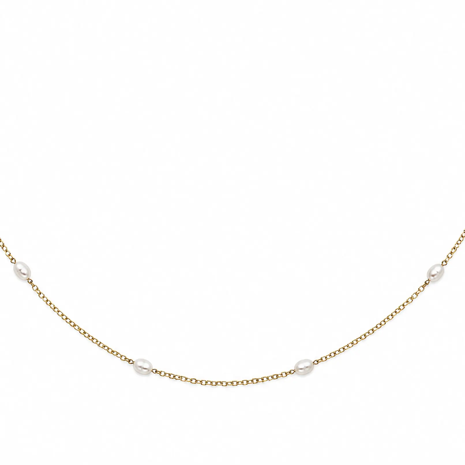Gold necklace with small pearls on a white background