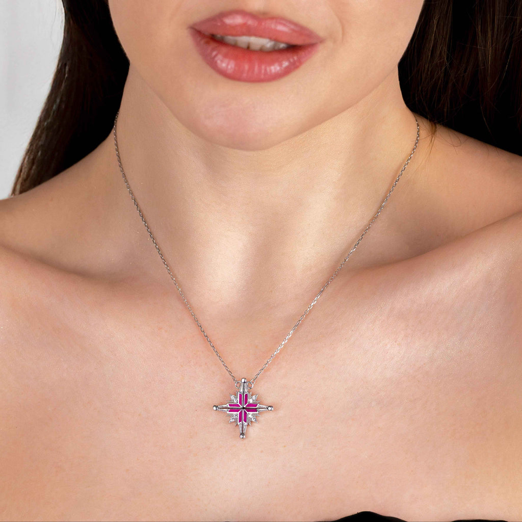925 Silver Ukrainian Star Cross Enamel Necklace, 45 cm in Pink - Delisa Jewelry