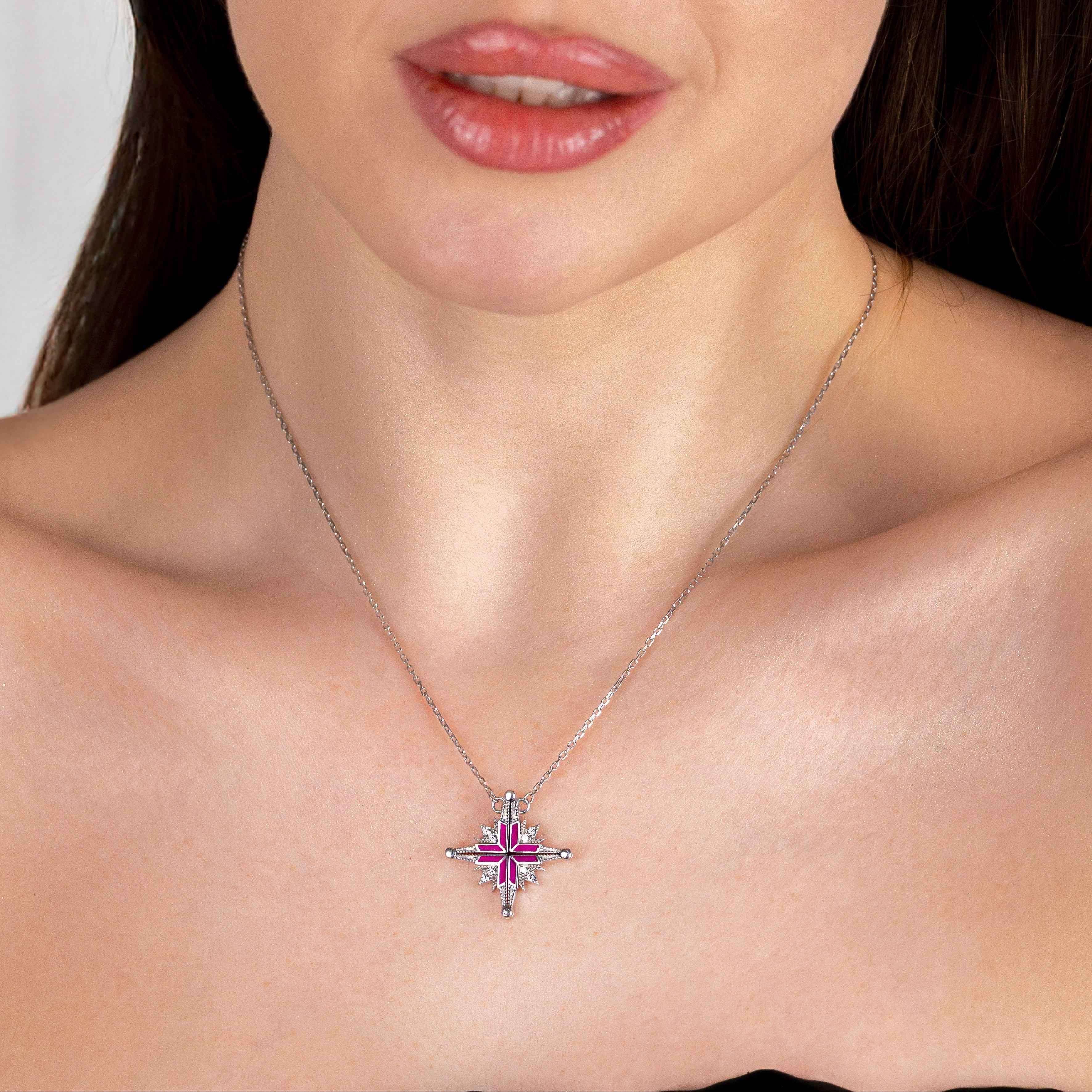 925 Silver Ukrainian Star Cross Enamel Necklace, 45 cm in Pink - Delisa Jewelry