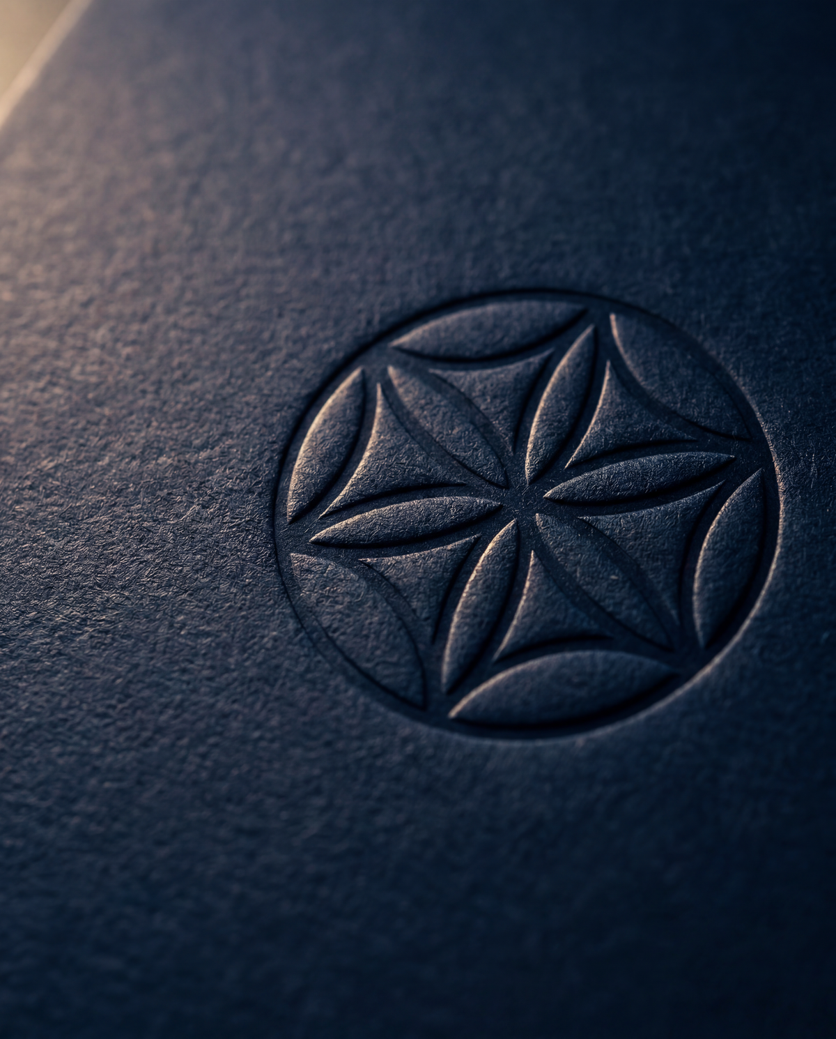 Close-up of a textured dark blue surface with an embossed star design.