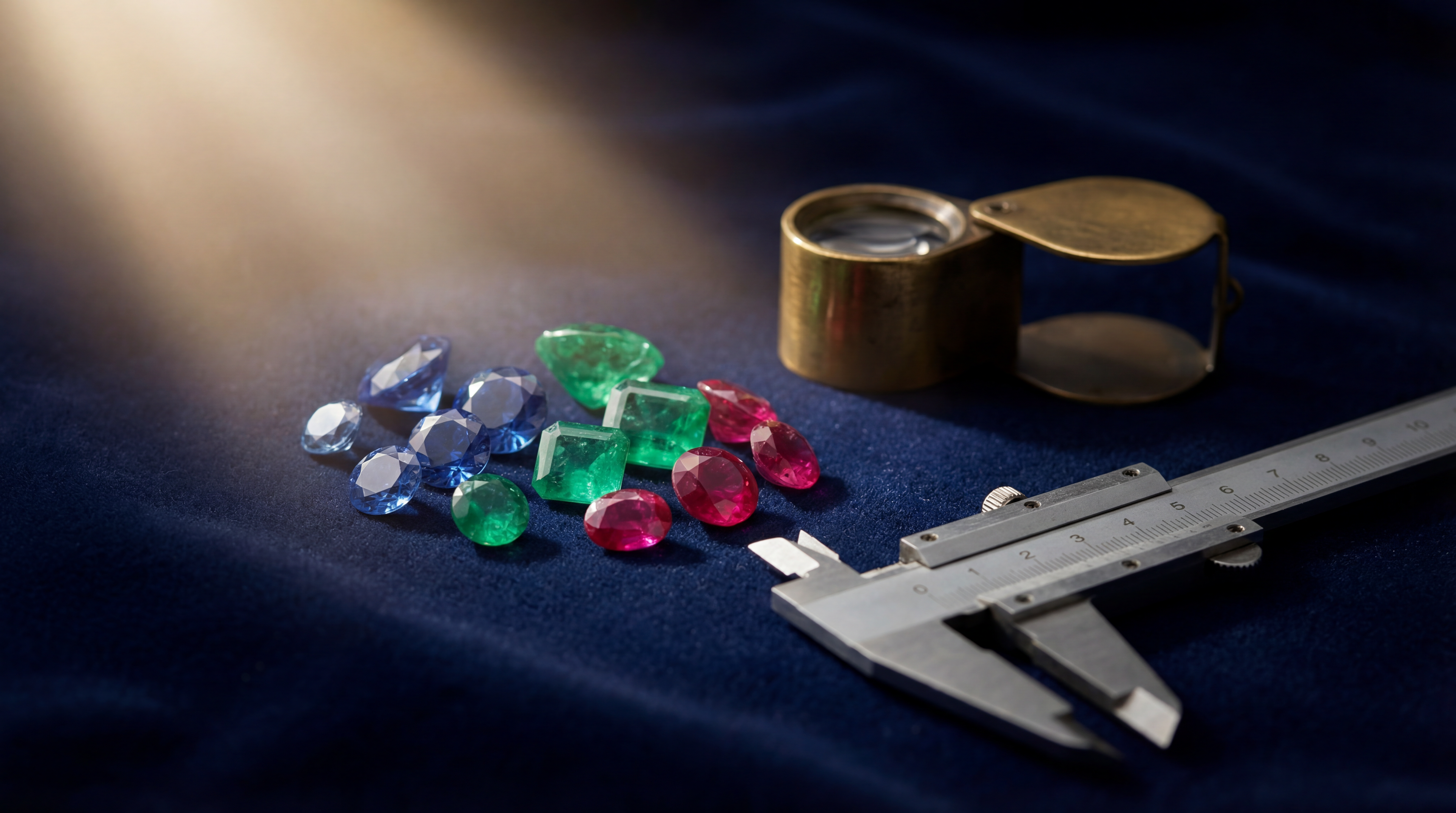 Jewelry inspection setup with gemstones, magnifying glass, and calipers on a dark fabric background.