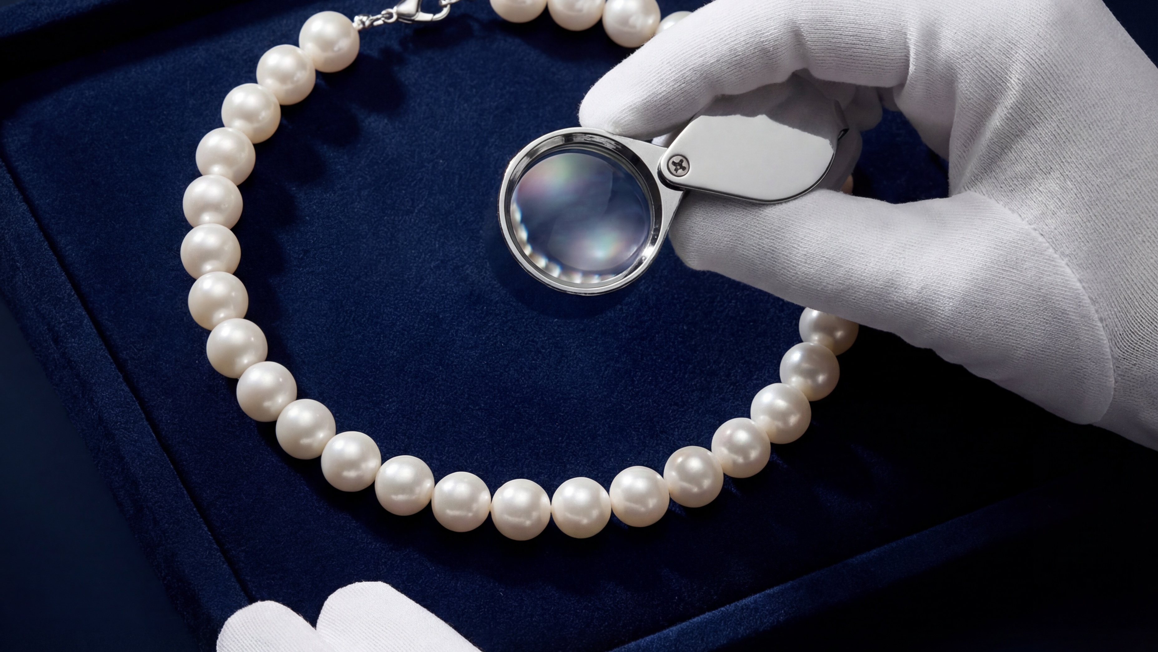 Delisa Pearl necklace with a magnifying glass and gloved hands