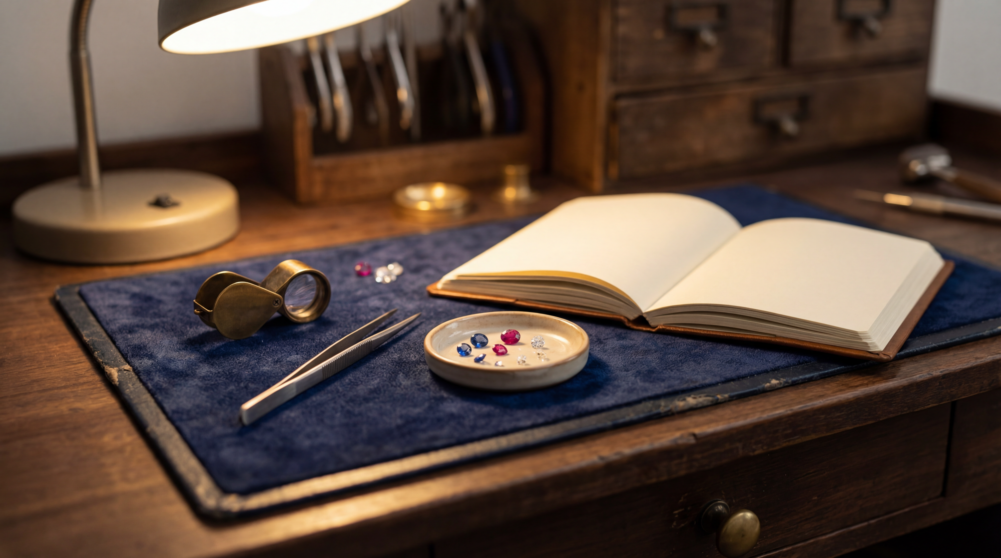 Desk setup with open book, small container, tweezers, and lamp on a wooden surface.