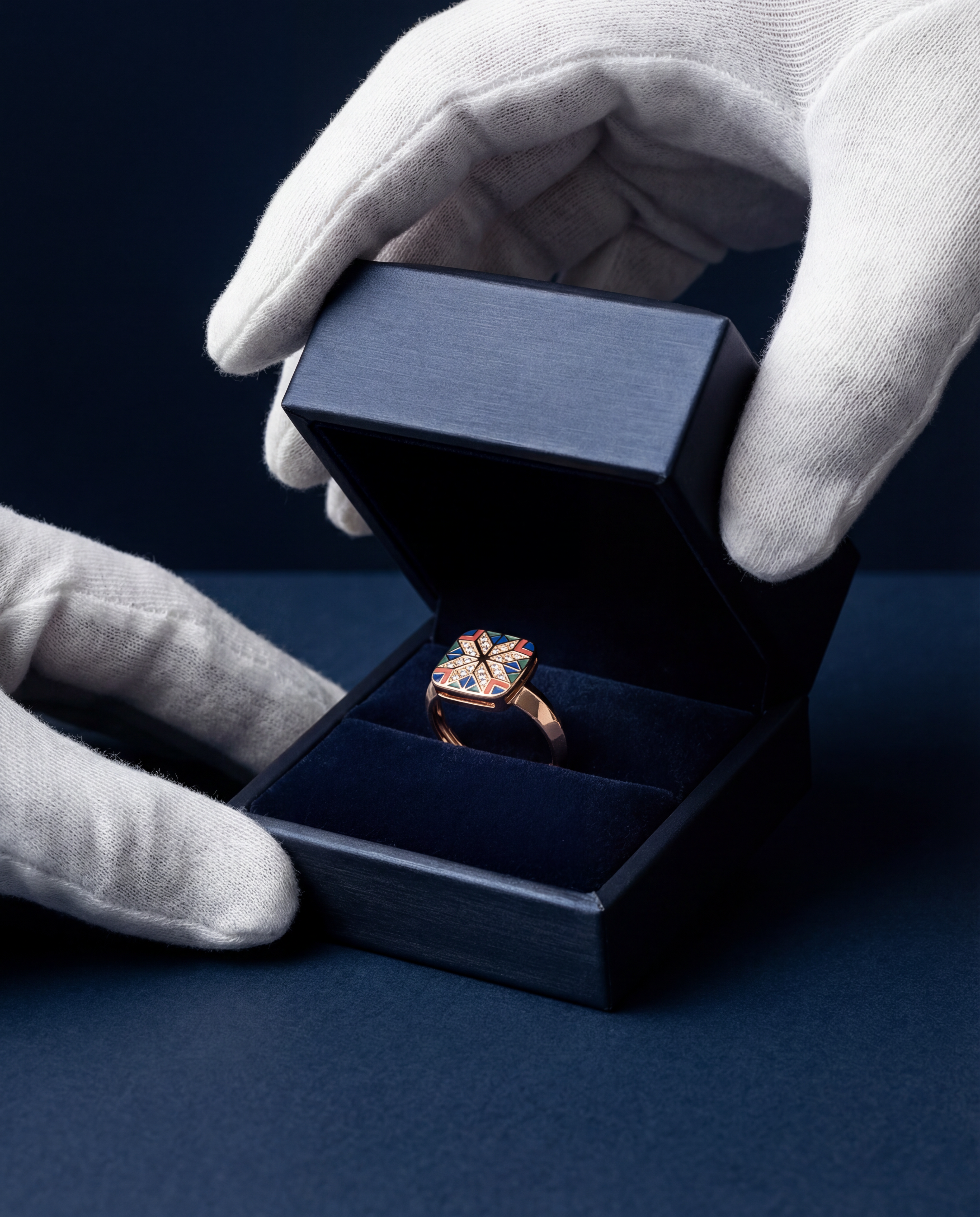 Gloved hands holding a black box with a Delisa ring 