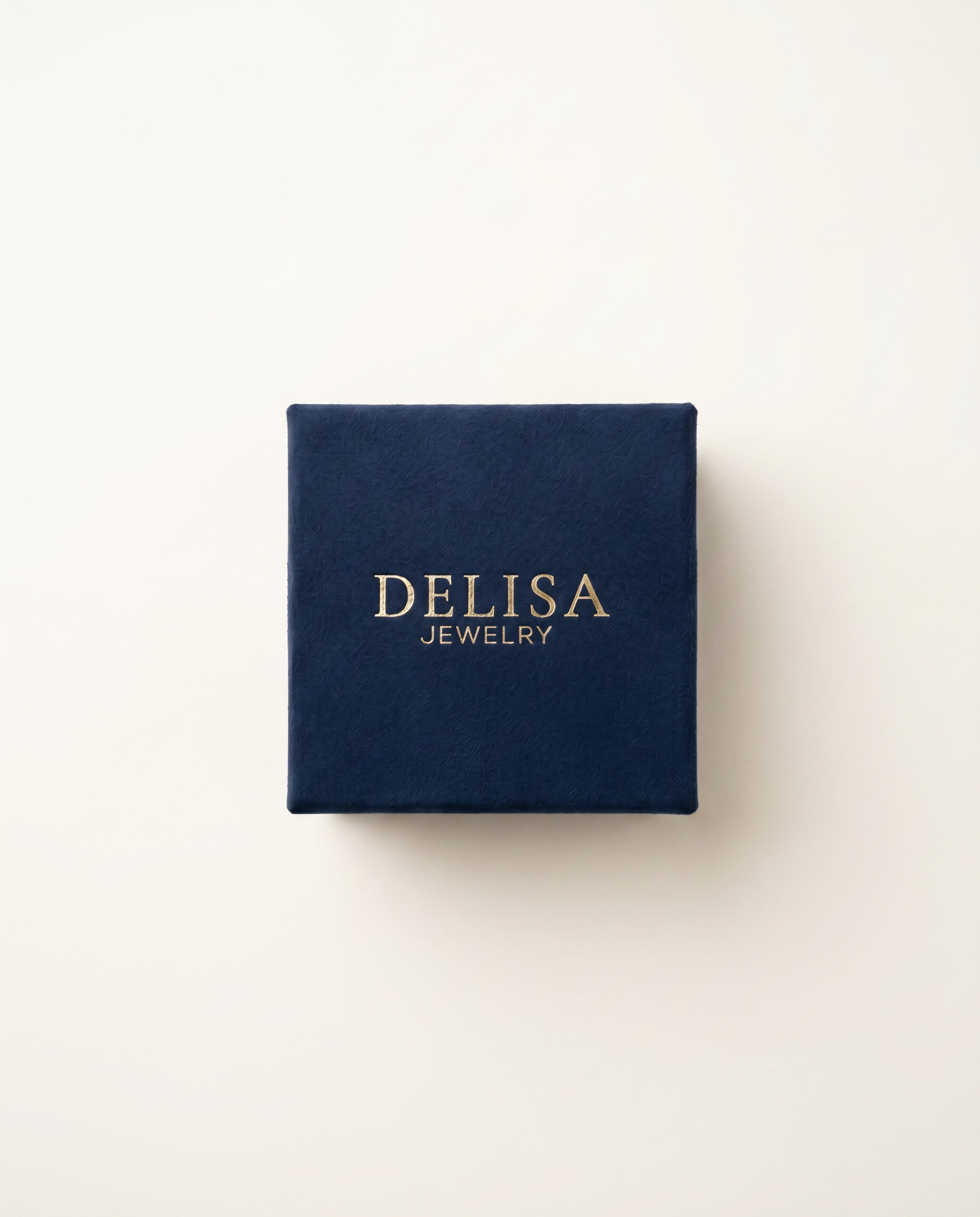 Navy blue jewelry box with 'Delisa Jewelry' logo on a white background