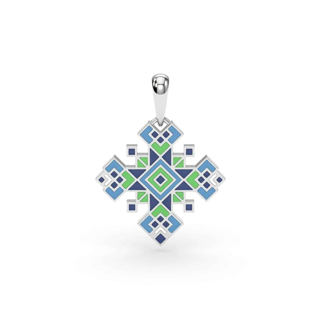 585 Gold Ukrainian Cross Enamel Pendant in Bleu & Green - Delisa Jewelry