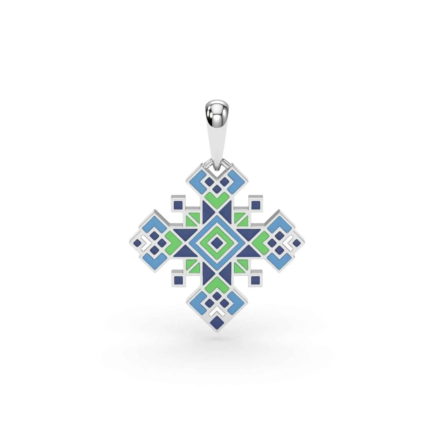 585 Gold Ukrainian Cross Enamel Pendant in Bleu & Green - Delisa Jewelry