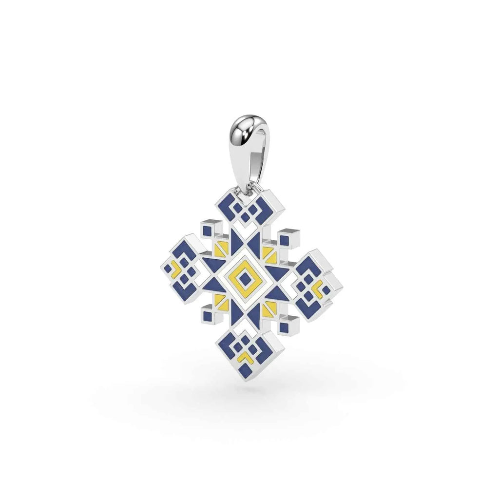 585 Gold Ukrainian Cross Enamel Pendant in Bleu & Green - Delisa Jewelry