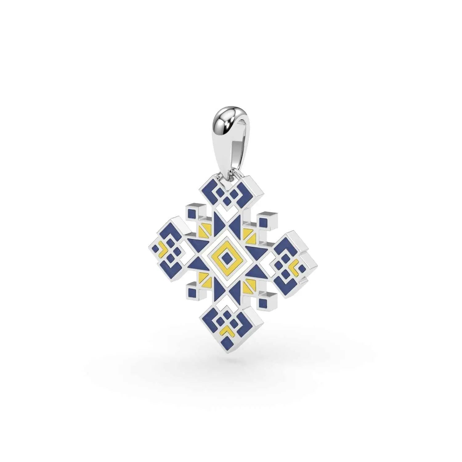 585 Gold Ukrainian Cross Enamel Pendant in Bleu & Green - Delisa Jewelry