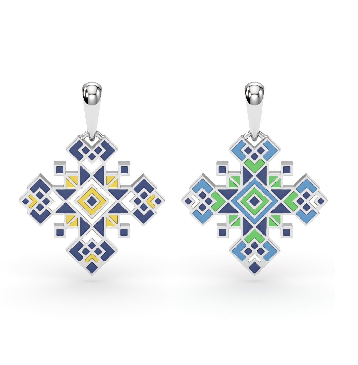 585 Gold Ukrainian Cross Enamel Pendant in Bleu & Green - Delisa Jewelry