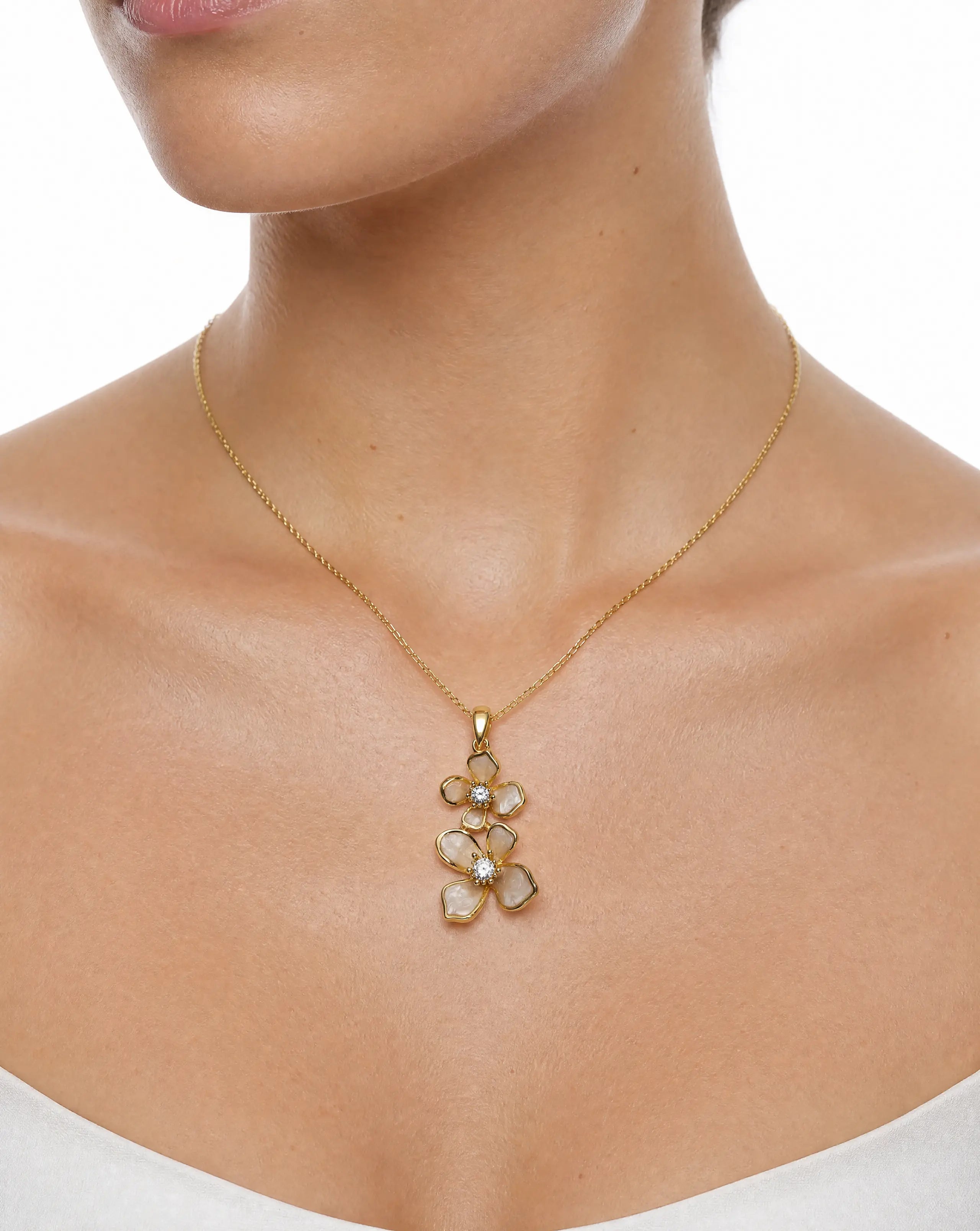 Asteria Dual Blossom Pendant Necklace Delisa Jewelry
