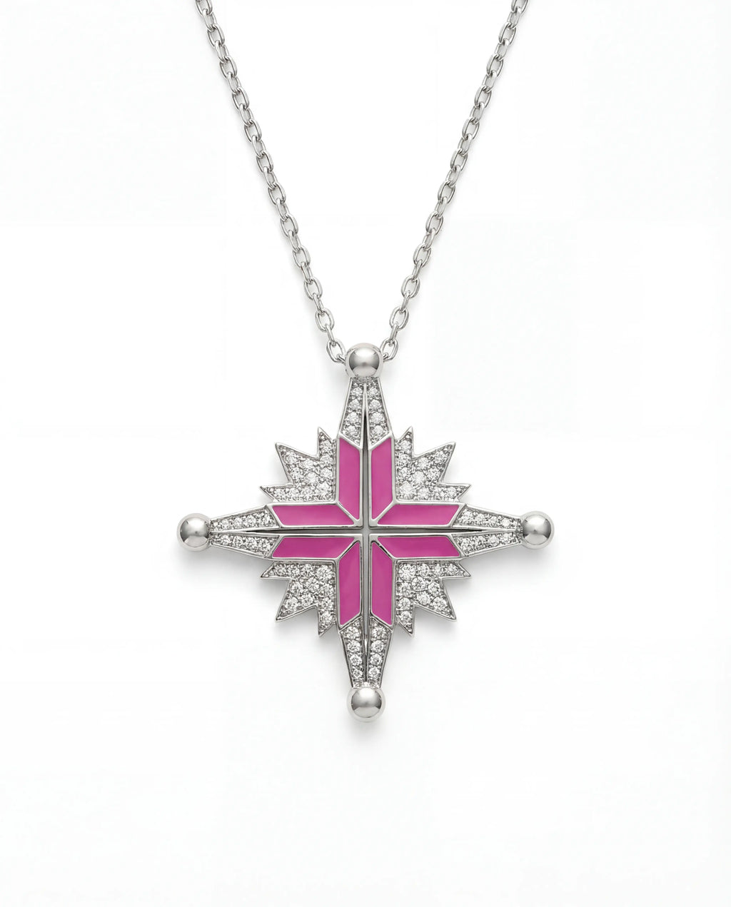 925 Silver Ukrainian Star Cross Enamel Necklace, 45 cm in Pink - Delisa Jewelry