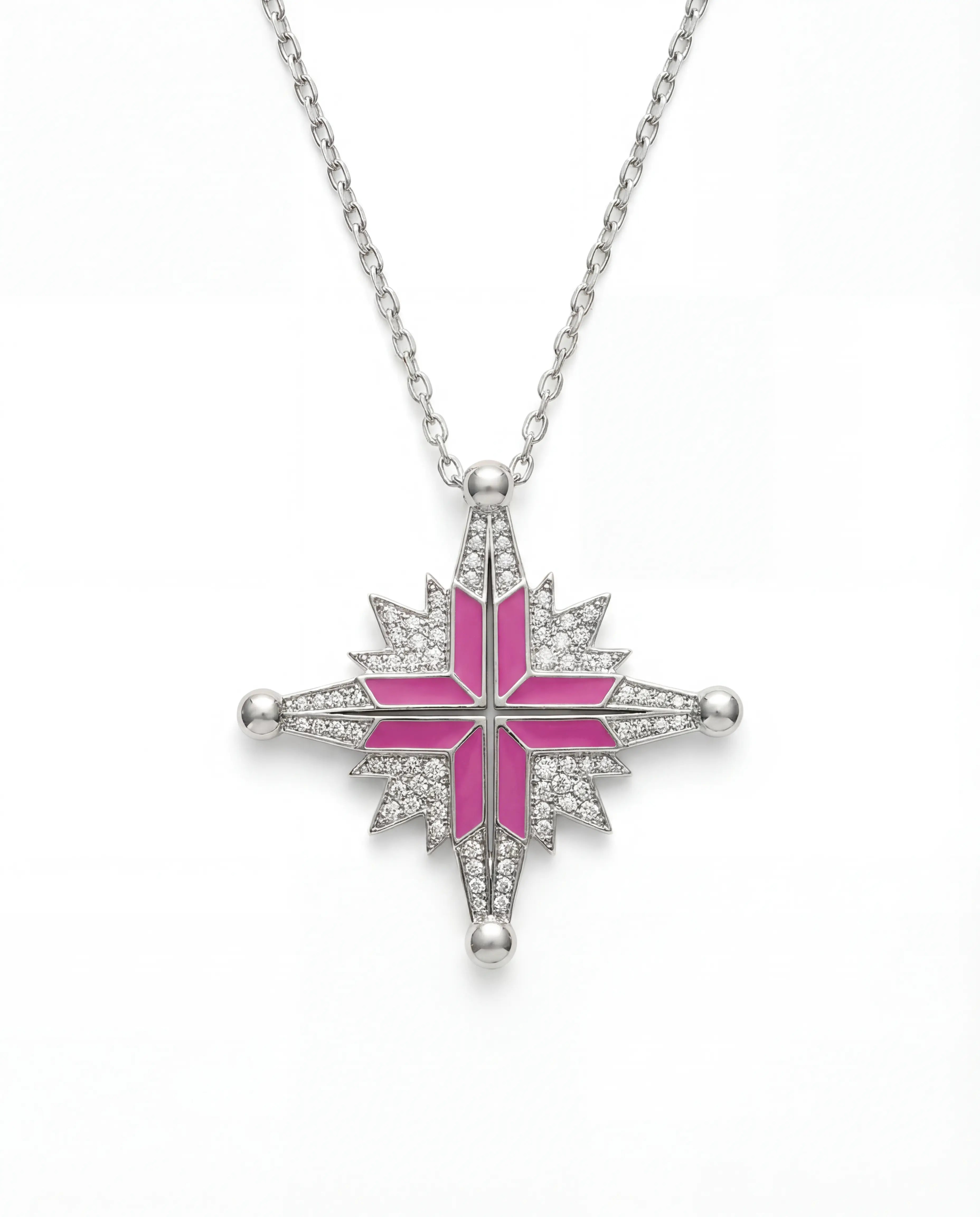 925 Silver Ukrainian Star Cross Enamel Necklace, 45 cm in Pink - Delisa Jewelry